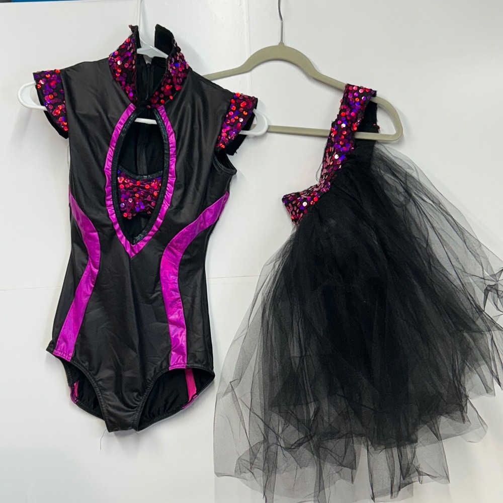 A Wish Come True Dance Costume Small Adult Black Purple Sequin Leotard Tutu Set